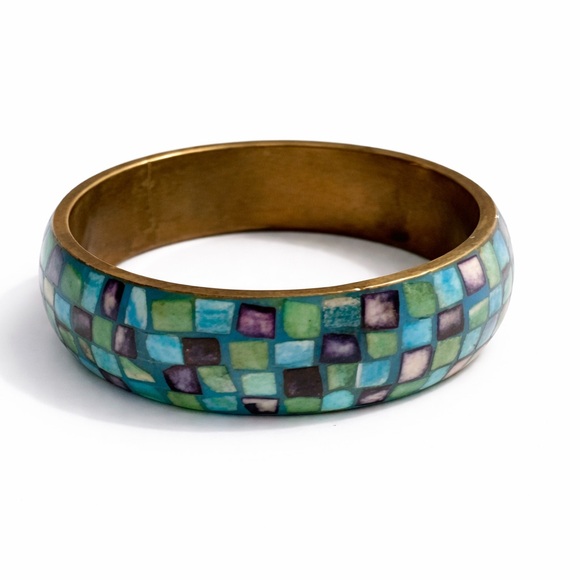 Vintage Jewelry - Vintage Mosaic Inlaid Brass Bangle Bracelet 8” Turquoise Blue Green Purple Tile